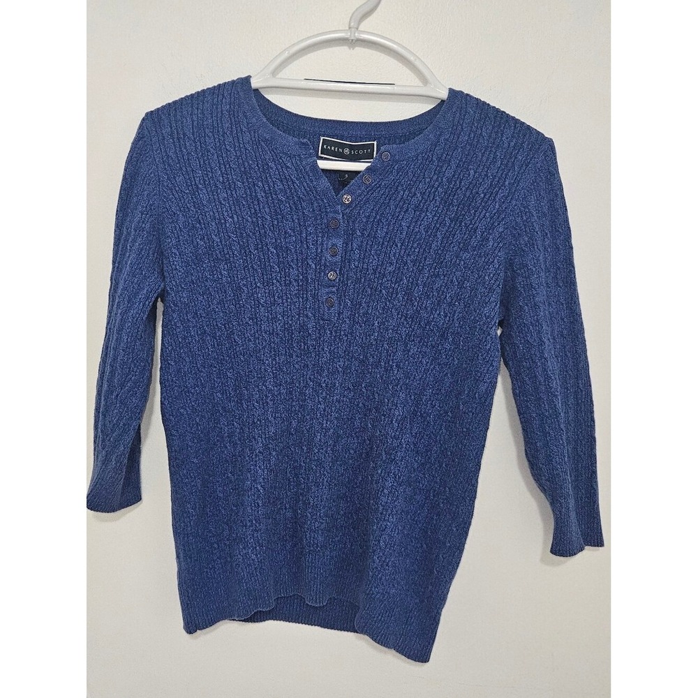 Karen Scott Blue‎ Cable-Knit Henley Sweater Small